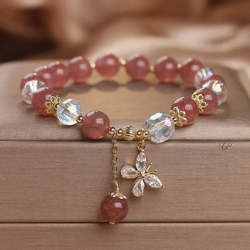 Beaded Silver Bangles for Women-Buddha Stones Natural Strawberry Quartz Love Healing Butterfly Charm Bracelet Beaded Silver Bangles for Women-Buddha Stones Natural Strawberry Quartz Love Healing Butterfly Charm Bracelet