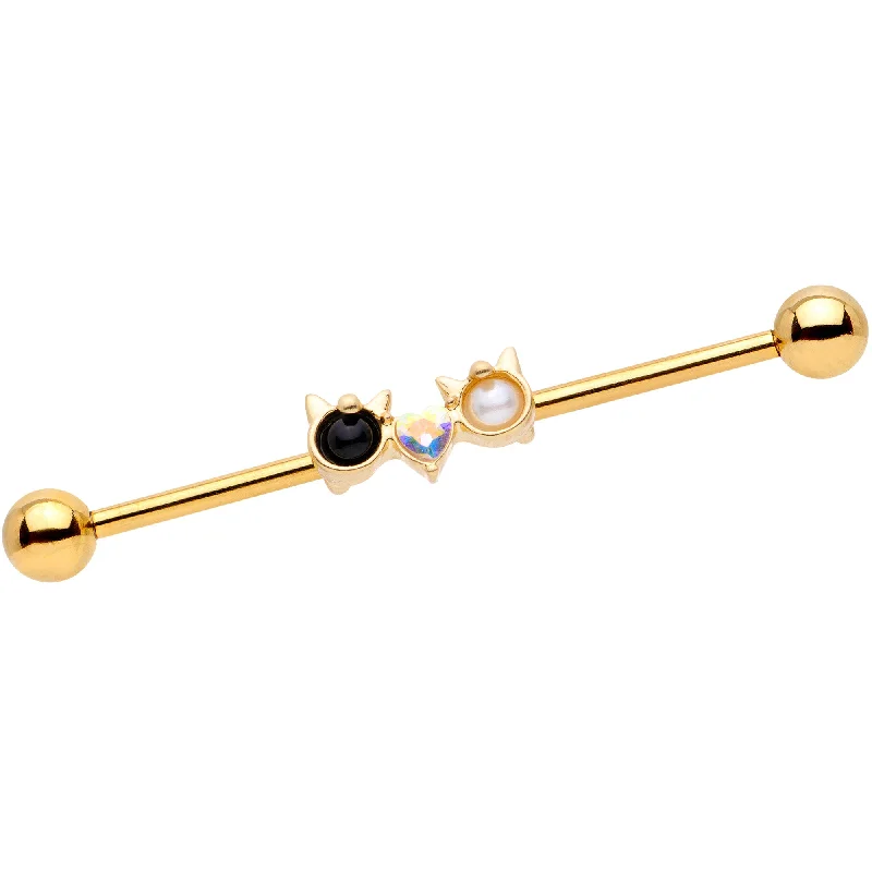 Women's Earrings – Elegant Designs for Every Personality--14 Gauge Black White CZ Gem Gold Tone Kitty Cat Luv Industrial Barbell 38mm