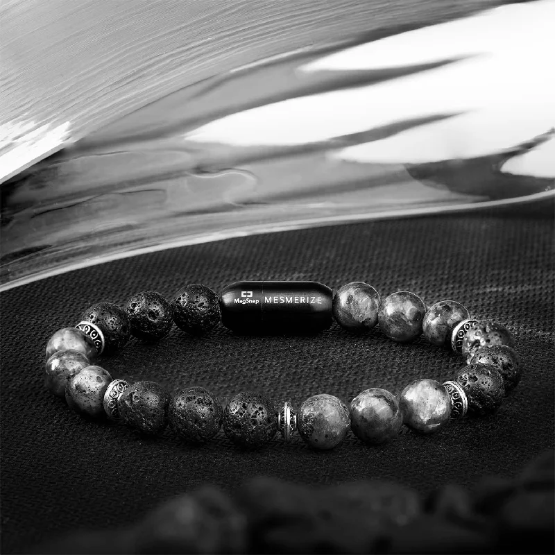 Men's Bracelets for Outdoor Adventures-Spiritual Lava and Larvikite Natural Stone Bracelet with MagSnap 2 Men's Bracelets for Outdoor Adventures-Spiritual Lava and Larvikite Natural Stone Bracelet with MagSnap 2