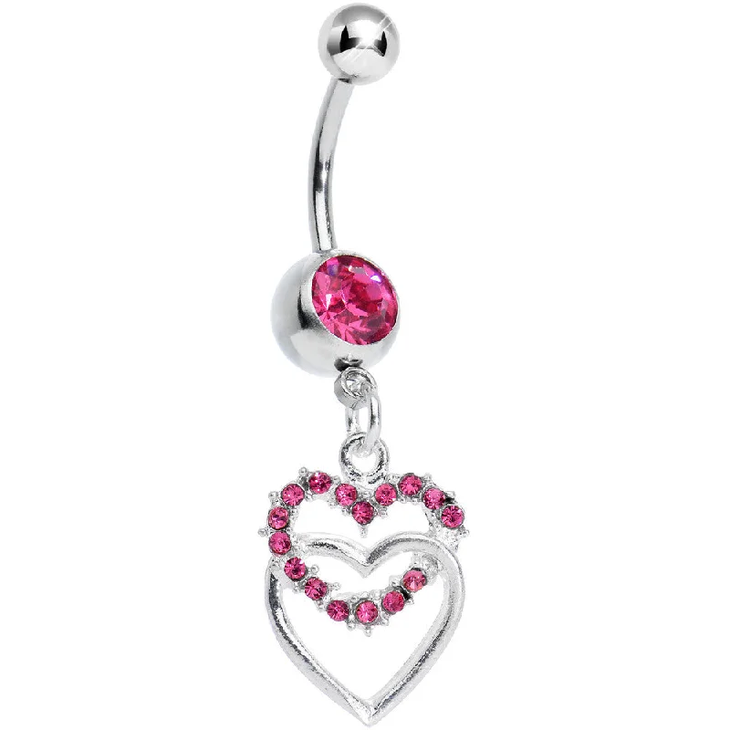 Unique Belly Rings with Sparkling Features -Pink Gem Two Hearts Meet Dangle Belly Ring Unique Belly Rings with Sparkling Features -Pink Gem Two Hearts Meet Dangle Belly Ring