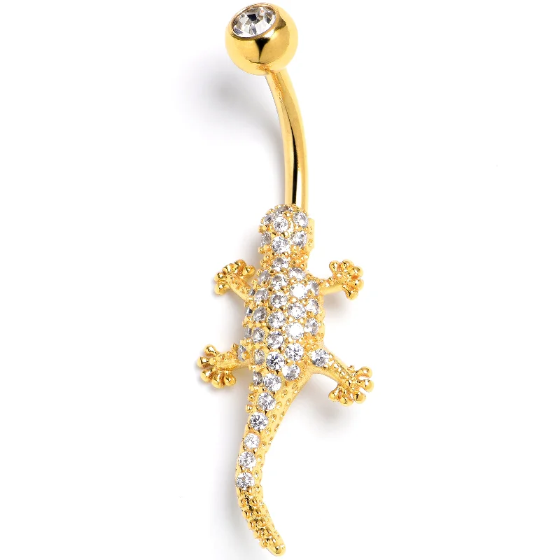 Comfortable Belly Rings with Simple Design -Clear CZ Gem Gold Tone Luxurious Lizard Belly Ring Comfortable Belly Rings with Simple Design -Clear CZ Gem Gold Tone Luxurious Lizard Belly Ring