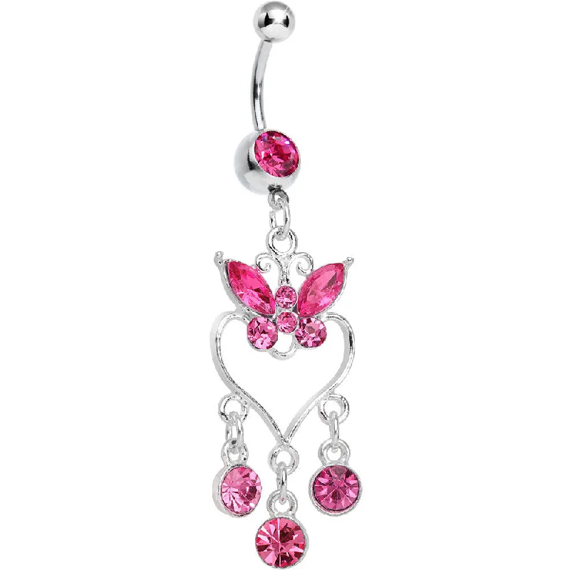 Elegant Belly Rings for Special Celebrations -Pink Gem Butterfly Hollow Heart Gem Dangle Belly Ring Elegant Belly Rings for Special Celebrations -Pink Gem Butterfly Hollow Heart Gem Dangle Belly Ring