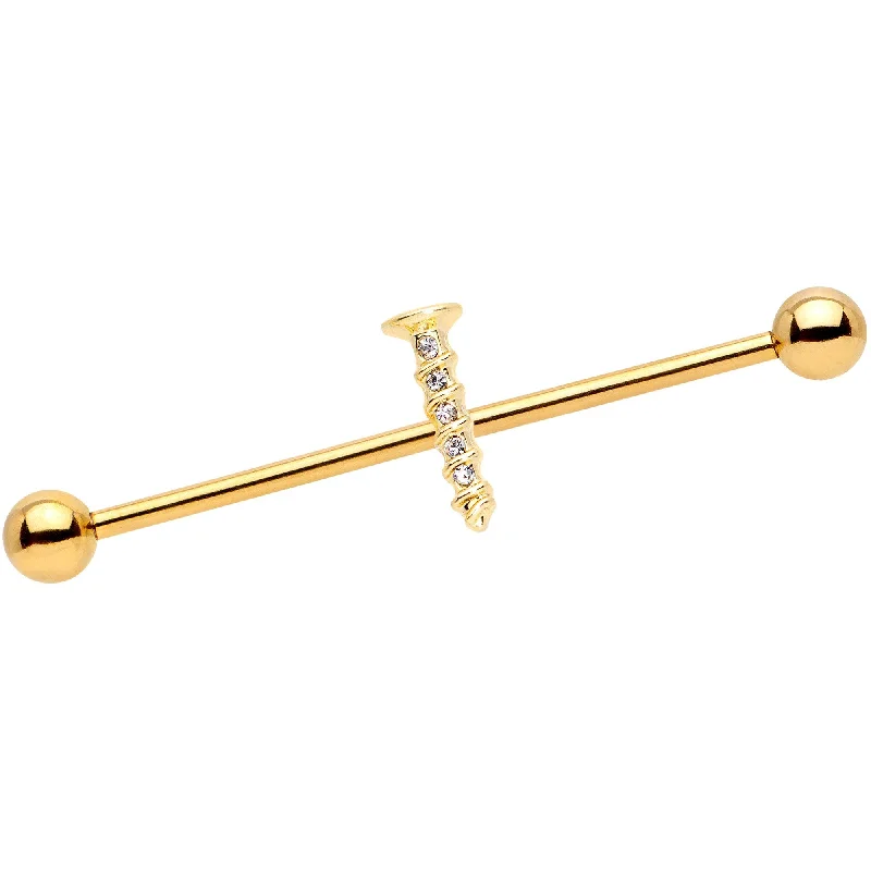 Women's Earrings – Elegant Designs for Every Personality--14 Gauge Clear Gem Gold Tone Screw Industrial Barbell 38mm