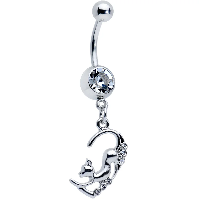 Designer Belly Rings for Bold Fashion -Clear Gem Half Heart Kitten Dangle Belly Ring
