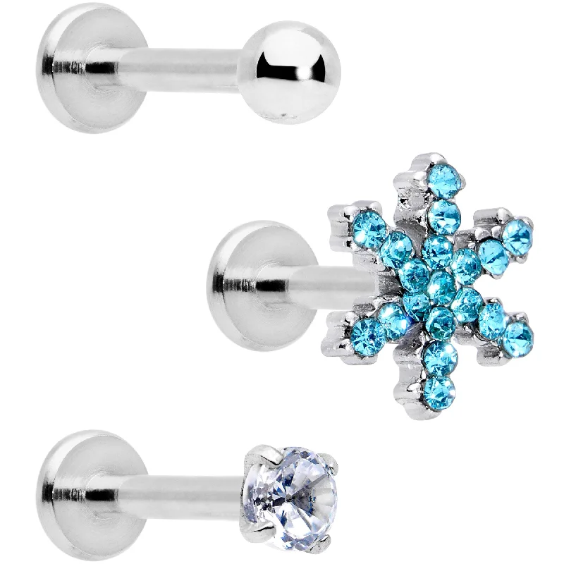 Elegant Gold Lip Rings for Chic Look16 Gauge 5/16 Blue CZ Gem Snowflake Internally Threaded Labret Set