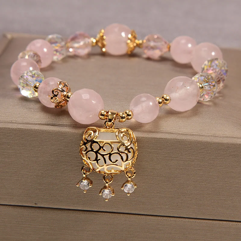 Women's Bangles with Floral Designs-Buddha Stones Natural Pink Crystal Soothing Protection Bracelet