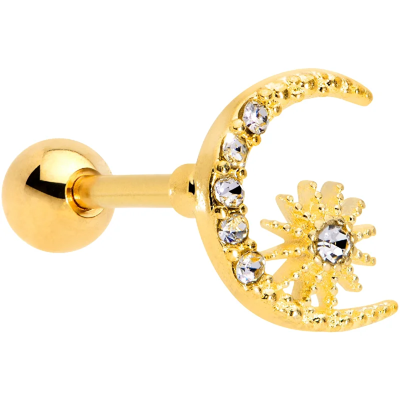 Women's Earrings – Elegant Designs for Every Personality--16 Gauge 5/16 Clear Gem Gold Tone Crescent Moon Star Cartilage Tragus