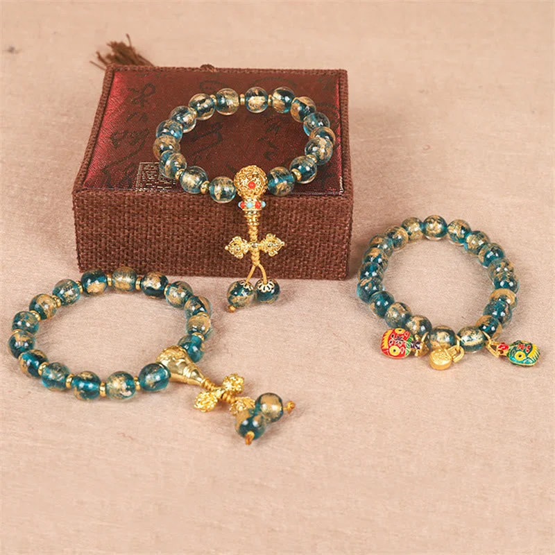 Men's Bracelets with Unique Designs-Buddha Stones Tibetan Gold Swallowing Beast Family Dorje Vajra Strength Bead Bracelet Men's Bracelets with Unique Designs-Buddha Stones Tibetan Gold Swallowing Beast Family Dorje Vajra Strength Bead Bracelet