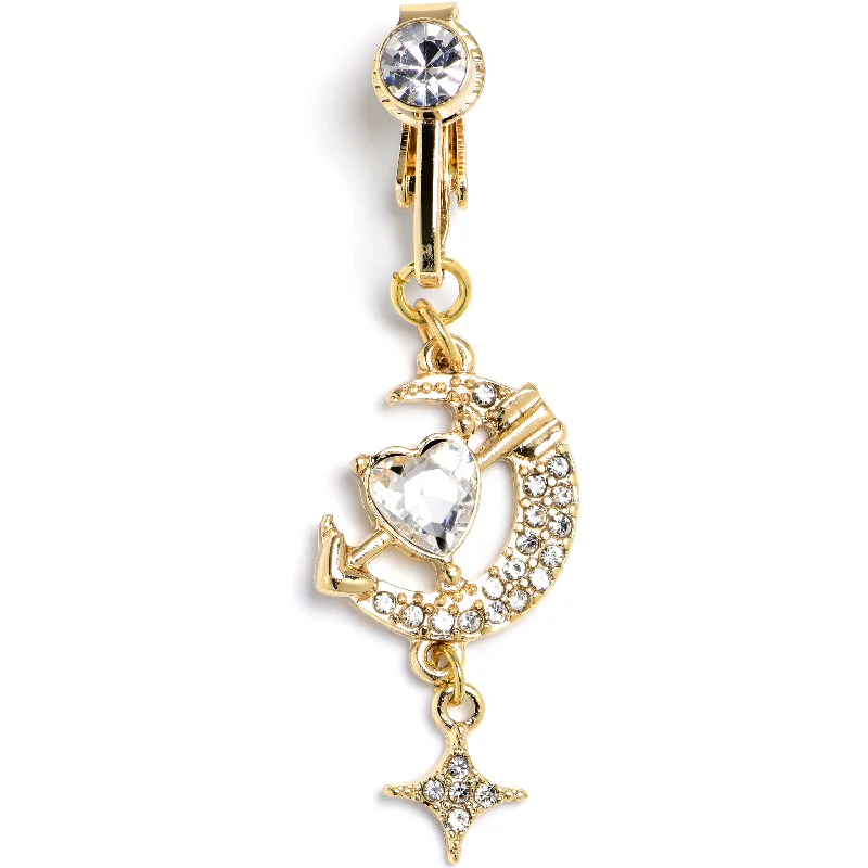 Comfortable Belly Rings for Fashion-Forward Women -Clear Gem Gold Tone Moon Lover Dangle Clip On Fake Belly Ring Comfortable Belly Rings for Fashion-Forward Women -Clear Gem Gold Tone Moon Lover Dangle Clip On Fake Belly Ring