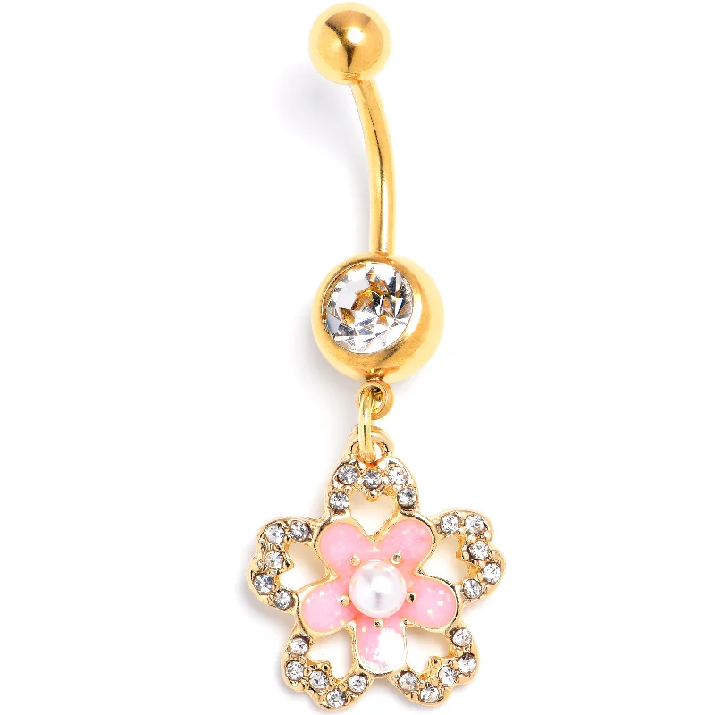 Unique Belly Rings with Sparkling Features -Clear Gem Gold Tone Flower Double Pink Dangle Belly Ring Unique Belly Rings with Sparkling Features -Clear Gem Gold Tone Flower Double Pink Dangle Belly Ring