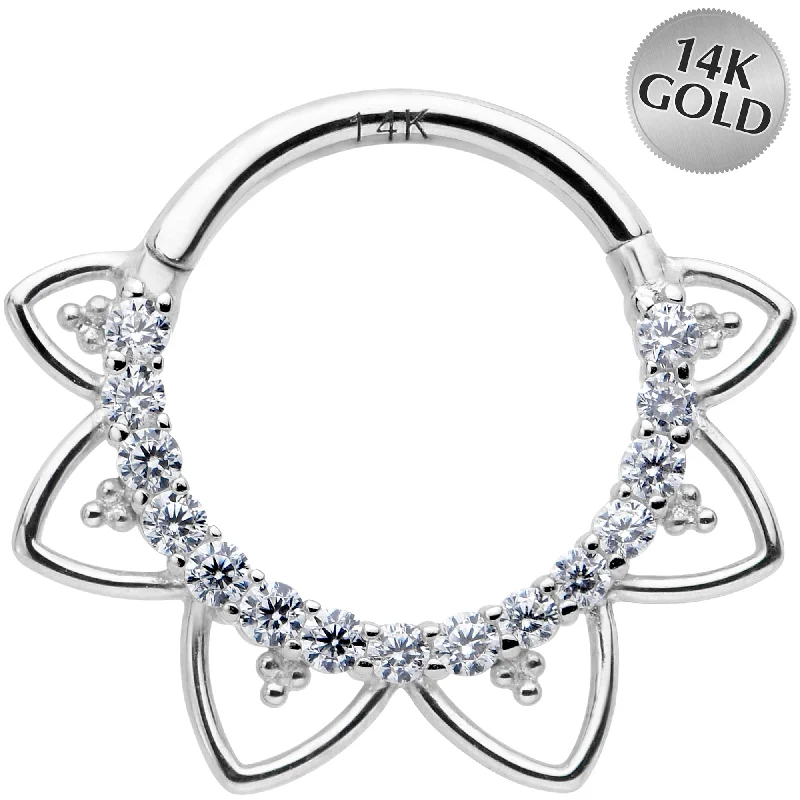 Designer Nose Rings -16 Gauge 3/8 Clear CZ Gem 14kt White Gold Filigree Hinged Segment Ring Designer Nose Rings -16 Gauge 3/8 Clear CZ Gem 14kt White Gold Filigree Hinged Segment Ring