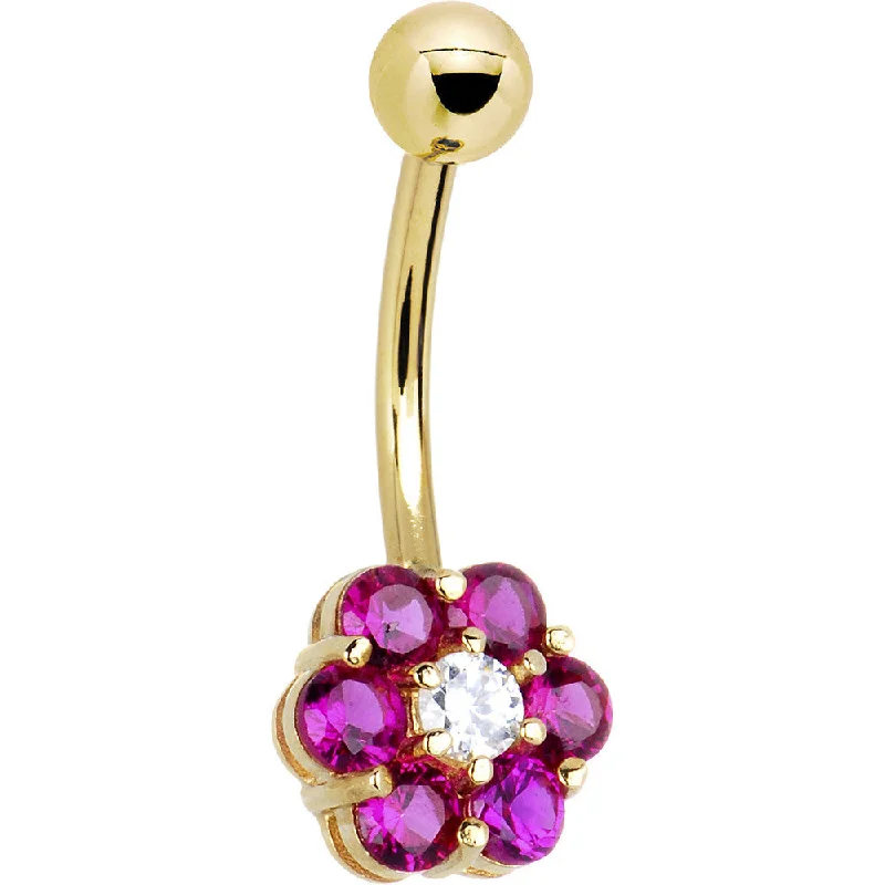 Custom Belly Rings for Personalized Style -16 Gauge Solid 14kt Yellow Gold Red Clear Cubic Zirconia Flower Belly Ring Custom Belly Rings for Personalized Style -16 Gauge Solid 14kt Yellow Gold Red Clear Cubic Zirconia Flower Belly Ring