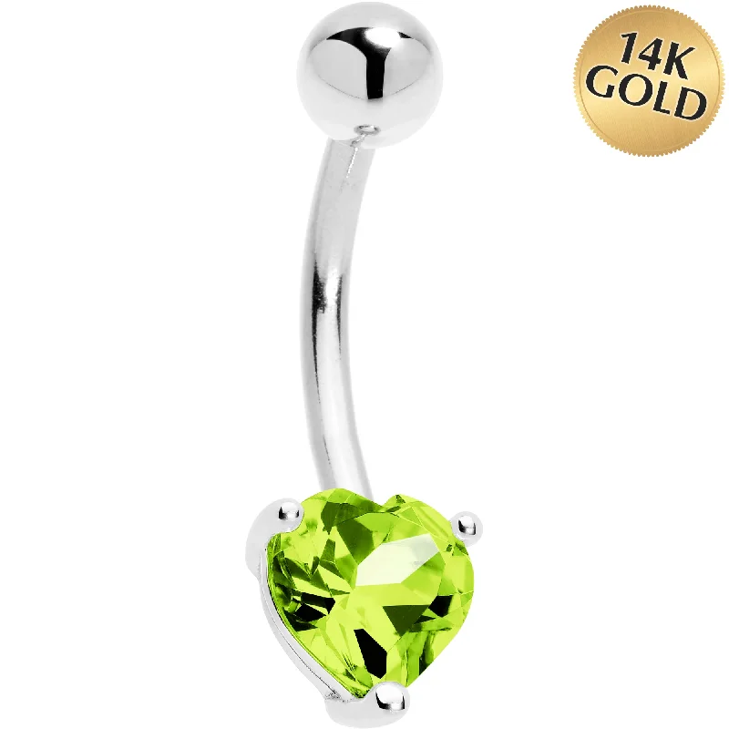Comfortable Belly Rings with Elegant Touch -Solid 14KT White Gold Genuine Peridot Heart Solitaire Belly Ring Comfortable Belly Rings with Elegant Touch -Solid 14KT White Gold Genuine Peridot Heart Solitaire Belly Ring