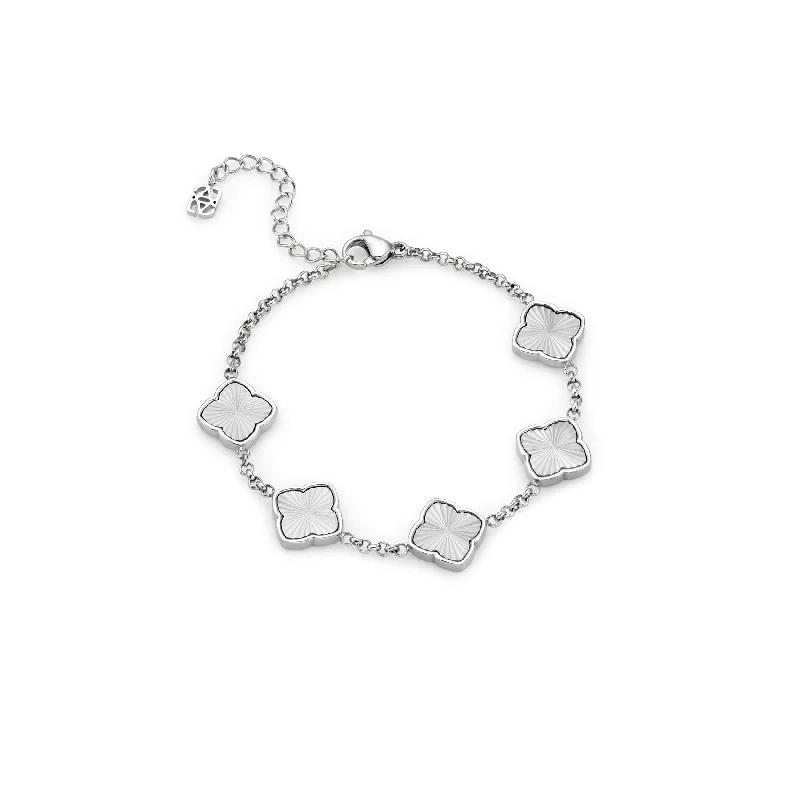 Women's Bangles with Pearl Details-Textured Multi Clover Bracelet (Silver)