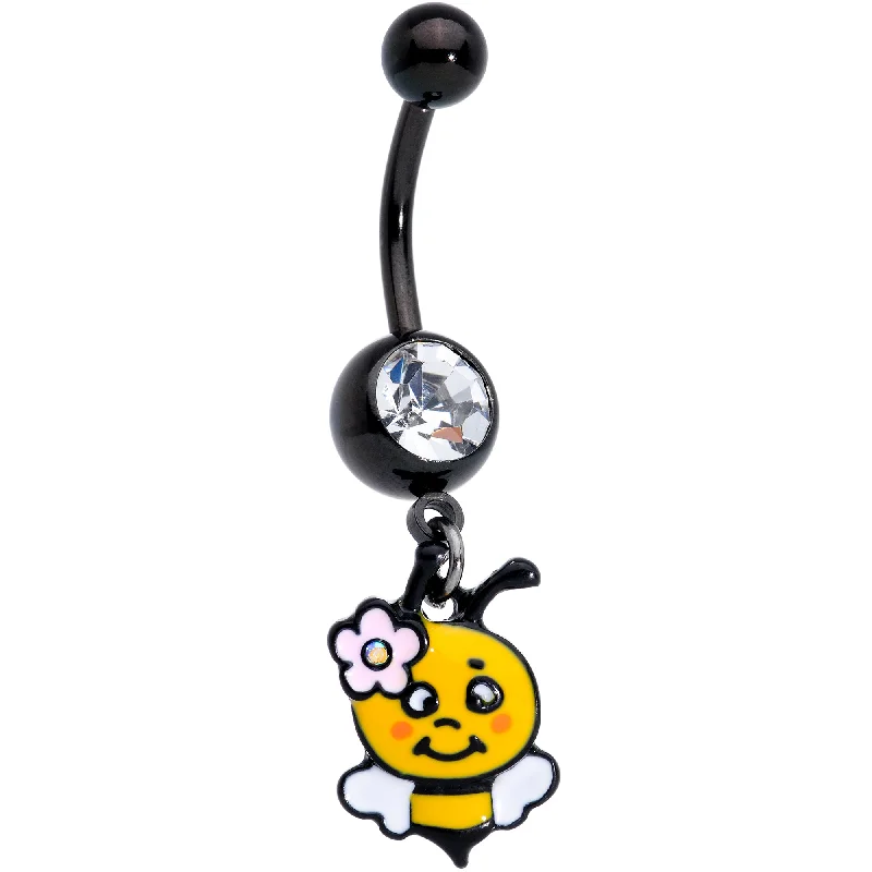 Belly Rings for Fashion Enthusiasts -Clear Aurora Gem Black Happy Bee Dangle Belly Ring Belly Rings for Fashion Enthusiasts -Clear Aurora Gem Black Happy Bee Dangle Belly Ring