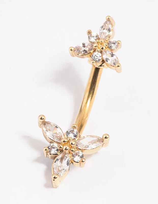 Comfortable Belly Rings with Stylish Accents -Gold Plated Surgical Steel Flower Belly Bar Comfortable Belly Rings with Stylish Accents -Gold Plated Surgical Steel Flower Belly Bar