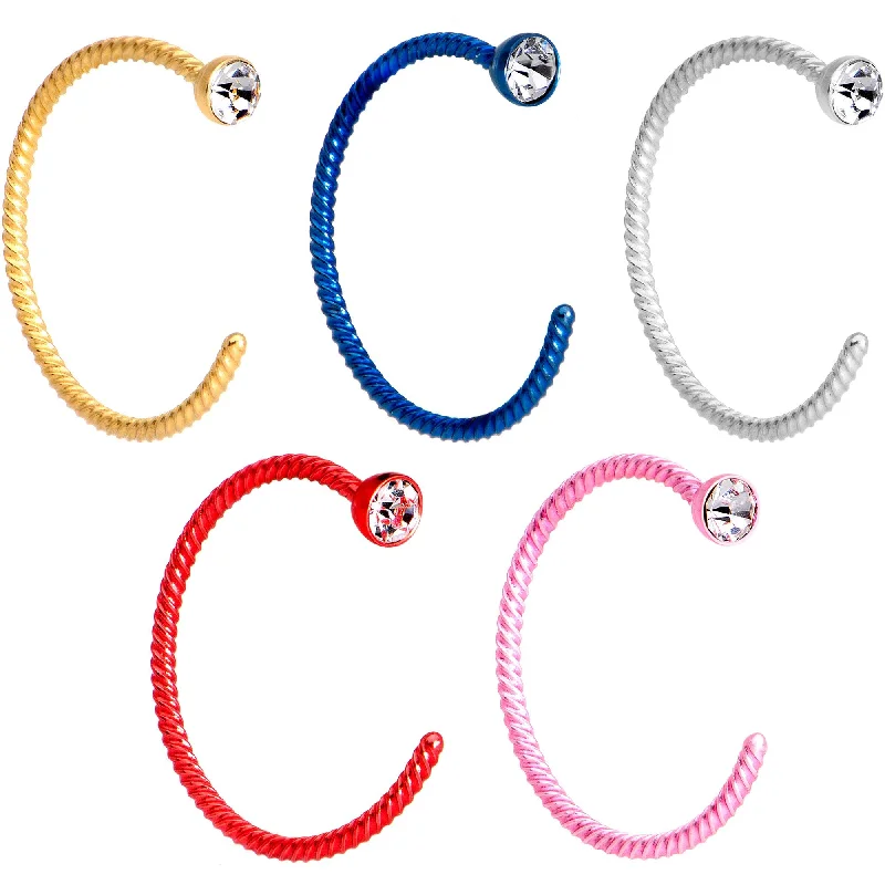 Comfortable and Elegant Nose Rings for All -20 Gauge 3/8 Clear Gem Multicolor Pack Set of 5 Twisted Nose Hoop Rings Comfortable and Elegant Nose Rings for All -20 Gauge 3/8 Clear Gem Multicolor Pack Set of 5 Twisted Nose Hoop Rings