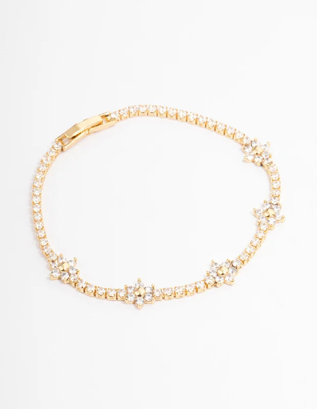 Stylish Bangles for Women with Gemstone Detail-Gold Plated Flower Cupchain Tennis Bracelet
