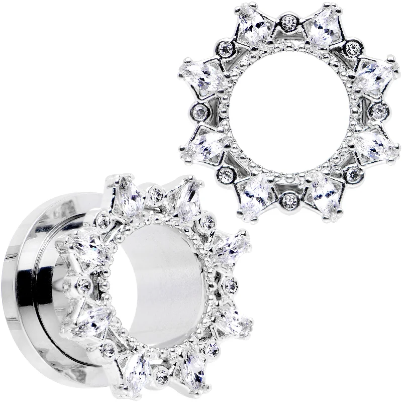 Women's Earrings – Elegant Designs for Every Personality--1/2 Clear Gem Flower Frame Screw Fit Tunnel Plug Set