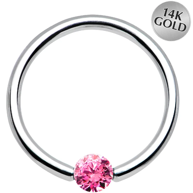 Women's Earrings – Elegant Designs for Every Personality--16 Gauge 7/16 Solid 14k White Gold 3mm Pink Cubic Zirconia Tension Captive Ring
