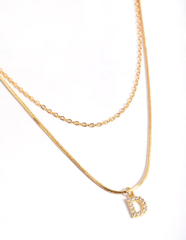 Shop Classic Women's Necklaces & Pendants with a Modern Twist-Letter D Gold Plated Layered Diamante Initial Necklace Shop Classic Women's Necklaces & Pendants with a Modern Twist-Letter D Gold Plated Layered Diamante Initial Necklace
