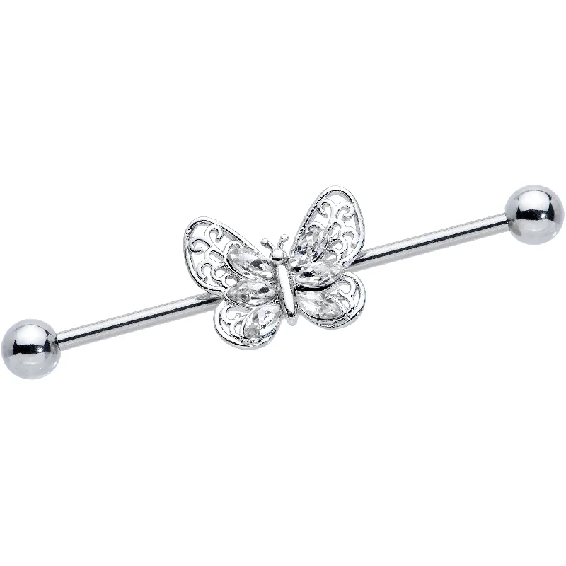 Women's Earrings – Elegant Designs for Every Personality--14 Gauge Clear Gem Lacy Butterfly Industrial Barbell 38mm
