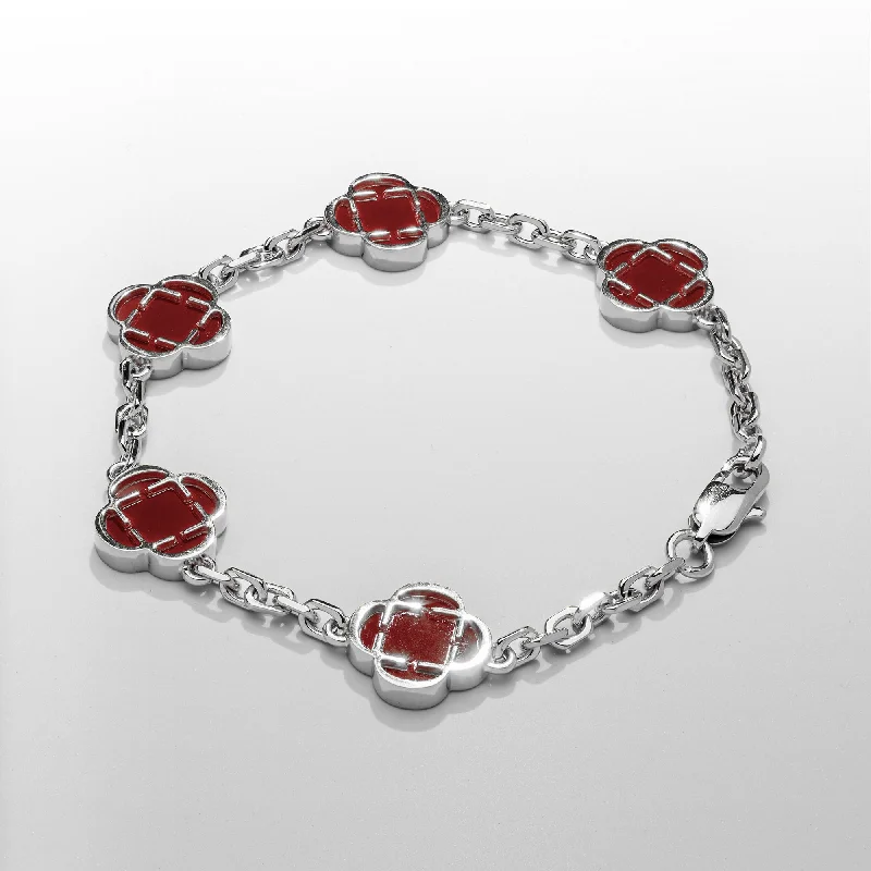 Men's Personalized Metal Link Bracelets-Red Clover Stone Bracelet (Silver)