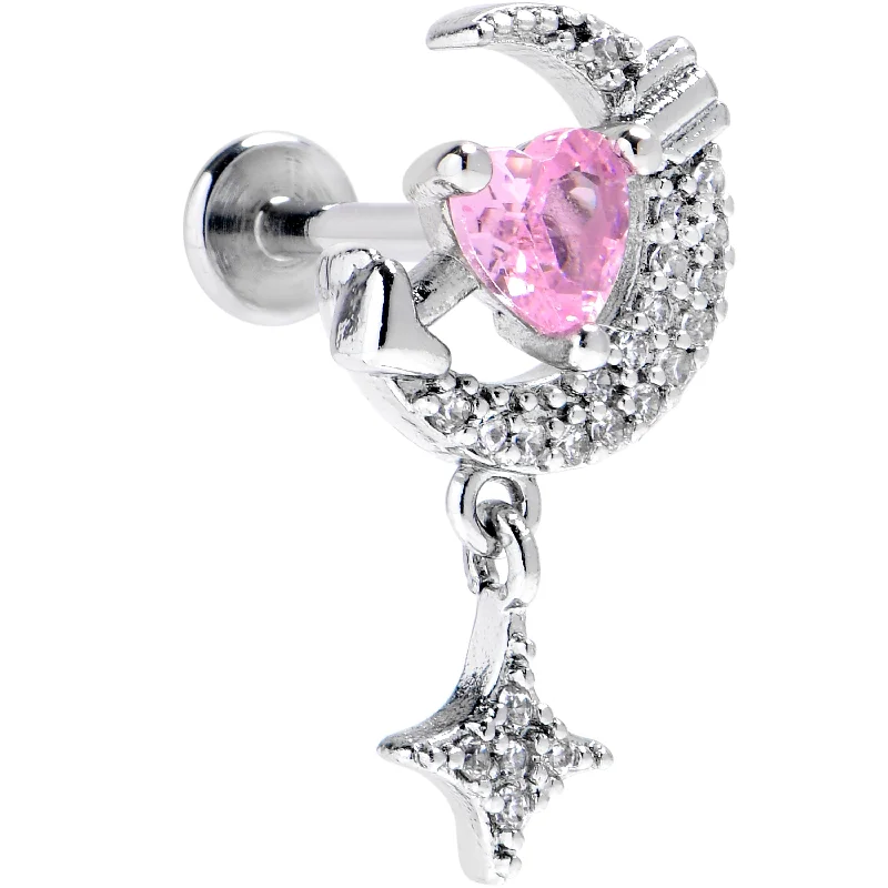 Comfortable Lip Rings for All-Day Wear16 Gauge Pink CZ Gem Moon Lover Internally Threaded Labret Monroe Tragus