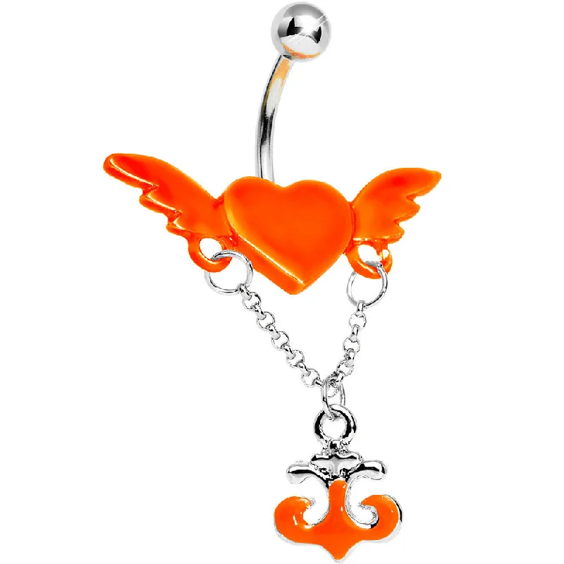 Designer Belly Rings with Stunning Detailing -Neon Orange Angel Wing Heart with Nautical Anchor Drop Dangle Belly Ring Designer Belly Rings with Stunning Detailing -Neon Orange Angel Wing Heart with Nautical Anchor Drop Dangle Belly Ring