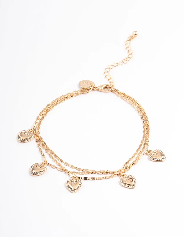 Elegant Women's Anklets for Chic Style-Gold Layered Heart Diamante Anklet
