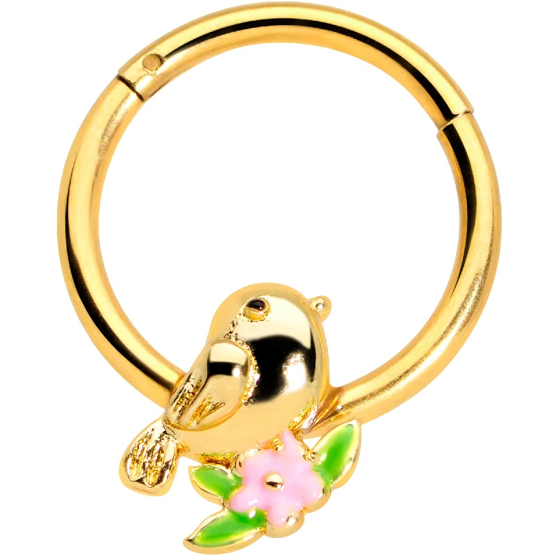 Nose Rings with Colorful Stones -16 Gauge 3/8 Gold Tone Bird Pink Flower Hinged Segment Ring Nose Rings with Colorful Stones -16 Gauge 3/8 Gold Tone Bird Pink Flower Hinged Segment Ring