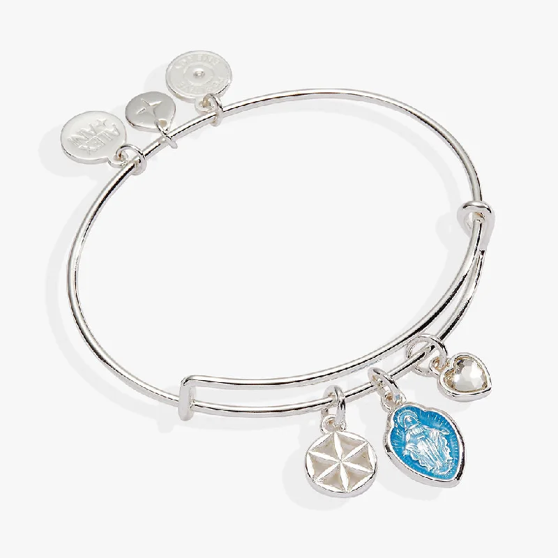 Personalized Silver Bangles for Women-Faith and Family Mother Mary Charm Bangle