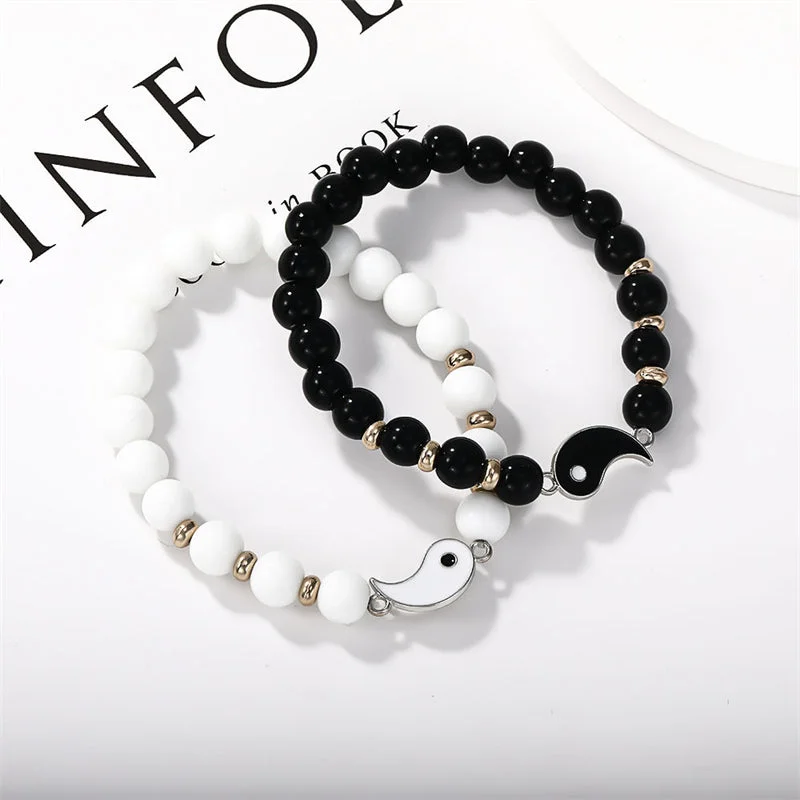 Stylish Bracelets for Men with Simple Bands-Buddha Stones 2Pcs Black Onyx White Turquoise Bead Yin Yang Protection Couple Bracelet Stylish Bracelets for Men with Simple Bands-Buddha Stones 2Pcs Black Onyx White Turquoise Bead Yin Yang Protection Couple Bracelet