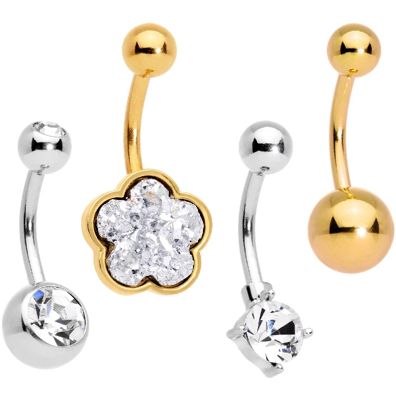 Elegant Belly Rings with Beautiful Accents -Clear Gem White Faux Druzy Gold Tone Flower Belly Ring Set of 4 Elegant Belly Rings with Beautiful Accents -Clear Gem White Faux Druzy Gold Tone Flower Belly Ring Set of 4