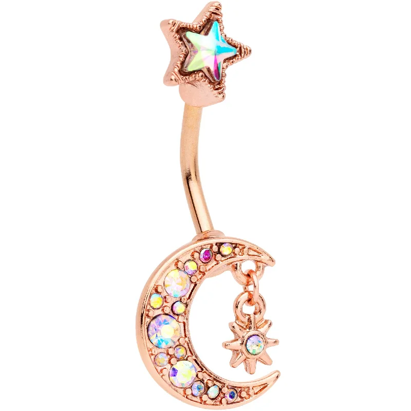 Belly Rings with Stylish Touch for Modern Women -Aurora Gem Rose Gold Tone Moon and Star Double Mount Belly Ring Belly Rings with Stylish Touch for Modern Women -Aurora Gem Rose Gold Tone Moon and Star Double Mount Belly Ring