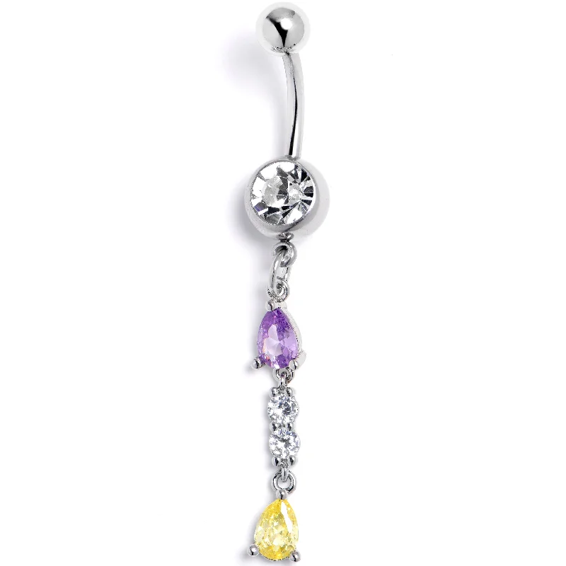 Stylish Belly Rings for Glamorous Appeal -Purple Yellow CZ Gem Party Time Dangle Belly Ring Stylish Belly Rings for Glamorous Appeal -Purple Yellow CZ Gem Party Time Dangle Belly Ring