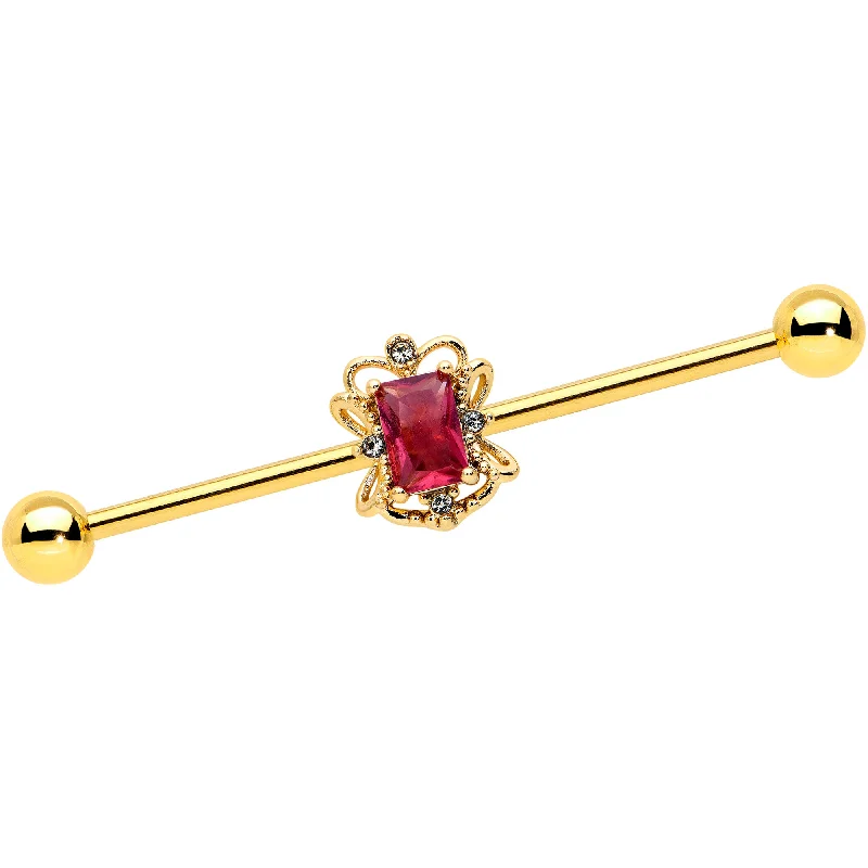 Women's Earrings – Elegant Designs for Every Personality--14 Gauge Red Gem Gold Tone Regal Escutcheon Industrial Barbell 38mm Women's Earrings – Elegant Designs for Every Personality--14 Gauge Red Gem Gold Tone Regal Escutcheon Industrial Barbell 38mm