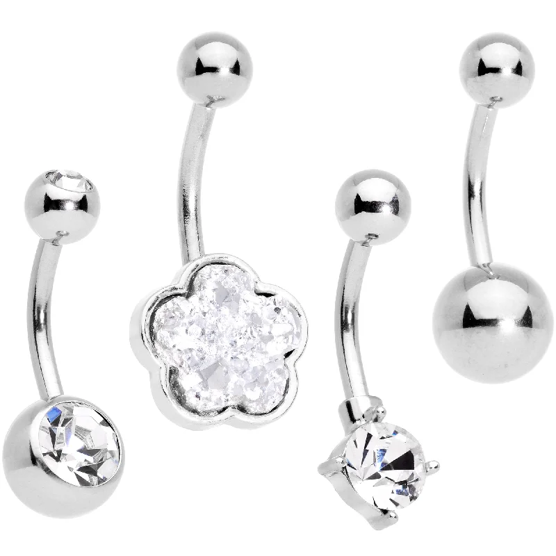Belly Rings for Trendy Piercing Styles -Clear Gem White Faux Druzy Flower Belly Ring Set of 4 Belly Rings for Trendy Piercing Styles -Clear Gem White Faux Druzy Flower Belly Ring Set of 4