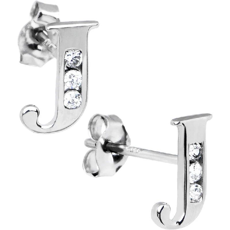 Women's Earrings – Elegant Designs for Every Personality--14kt White Gold CZ Initial J Stud Earrings Women's Earrings – Elegant Designs for Every Personality--14kt White Gold CZ Initial J Stud Earrings