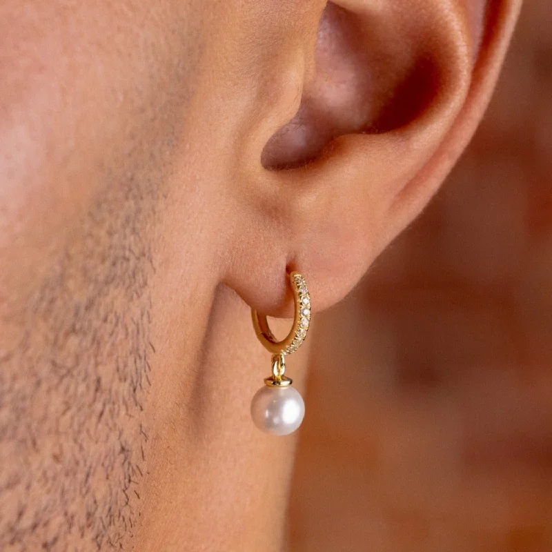 Shop Durable Men's Earrings for Everyday Wear-Pave Huggie Pearl Drop Earrings in Yellow Gold Shop Durable Men's Earrings for Everyday Wear-Pave Huggie Pearl Drop Earrings in Yellow Gold