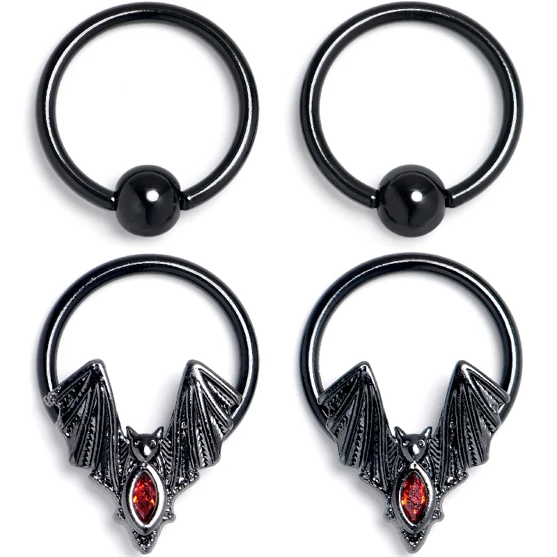 Bold Lip Rings for Statement Fashion16 Gauge 3/8 Red Gem Black Bat BCR Captive Ring Set of 4