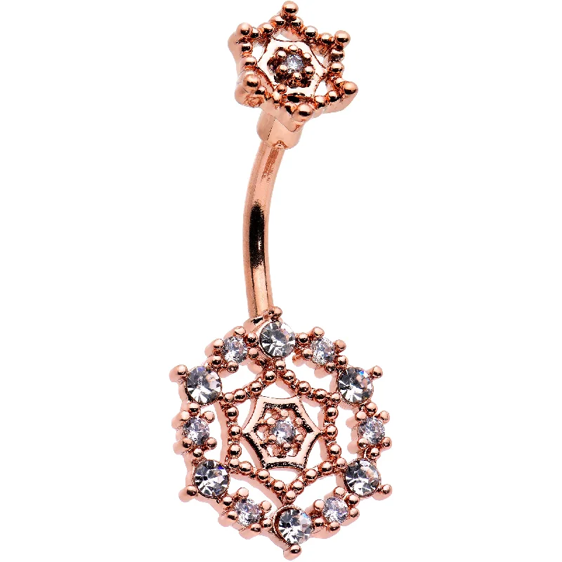 Belly Rings with Beautiful Detailing for Chic Style -Clear CZ Gem Rose Gold Tone Geometric Web Double Mount Belly Ring Belly Rings with Beautiful Detailing for Chic Style -Clear CZ Gem Rose Gold Tone Geometric Web Double Mount Belly Ring