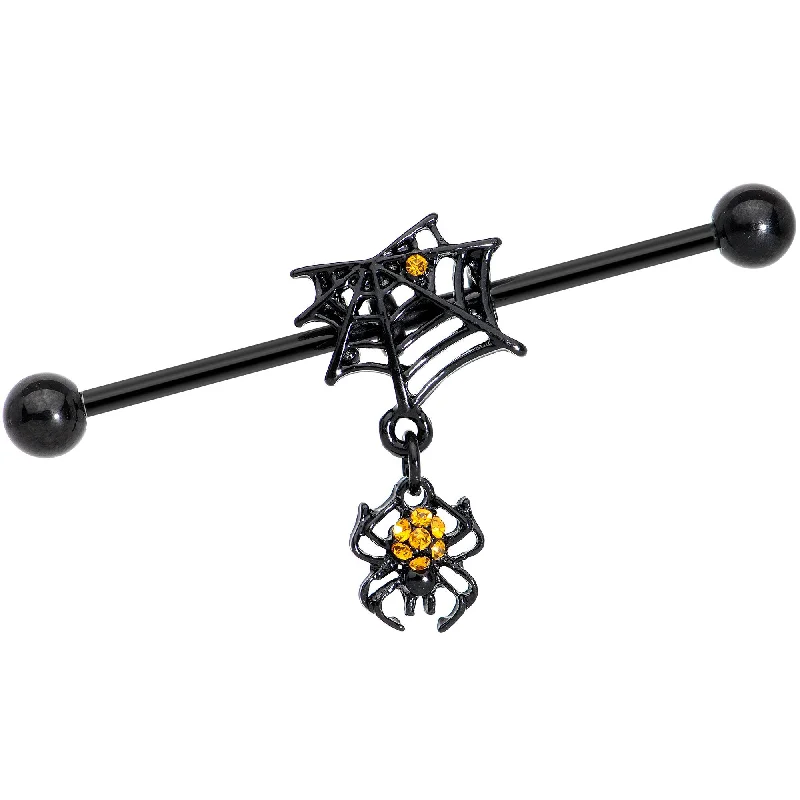 Women's Earrings – Elegant Designs for Every Personality--Yellow Black Gem Spider Web Halloween Dangle Industrial Barbell 38mm