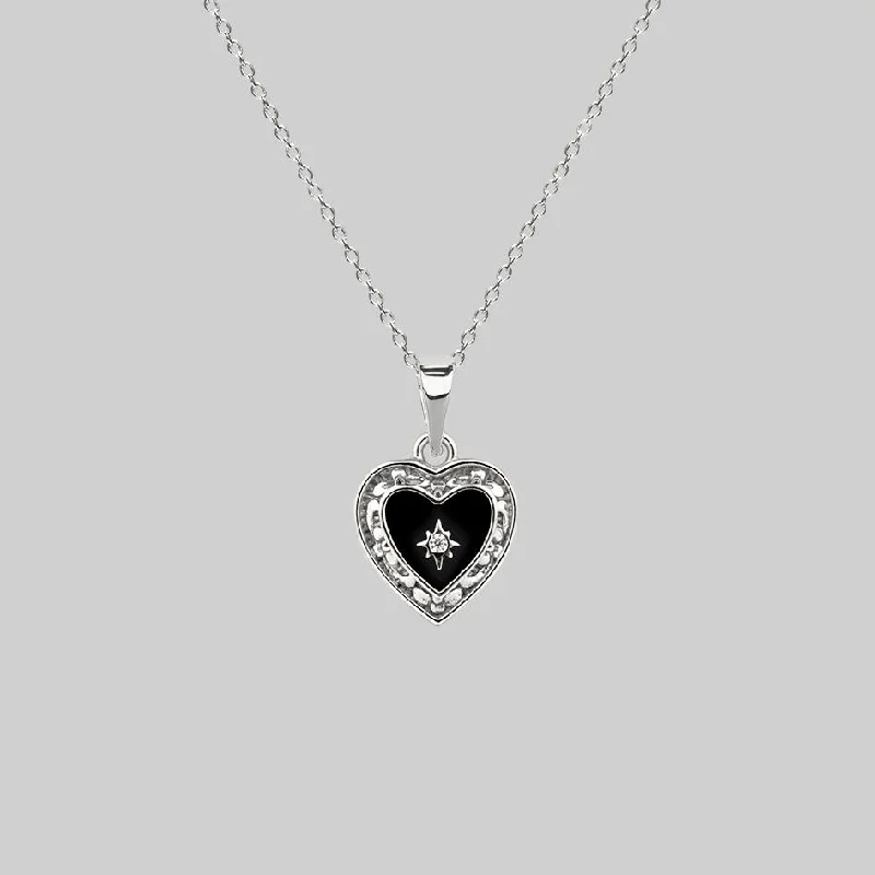 Shop Classic Women's  Necklaces & Pendants with a Modern Twist-SOLEMN. Black Enamel Heart Necklace - Silver