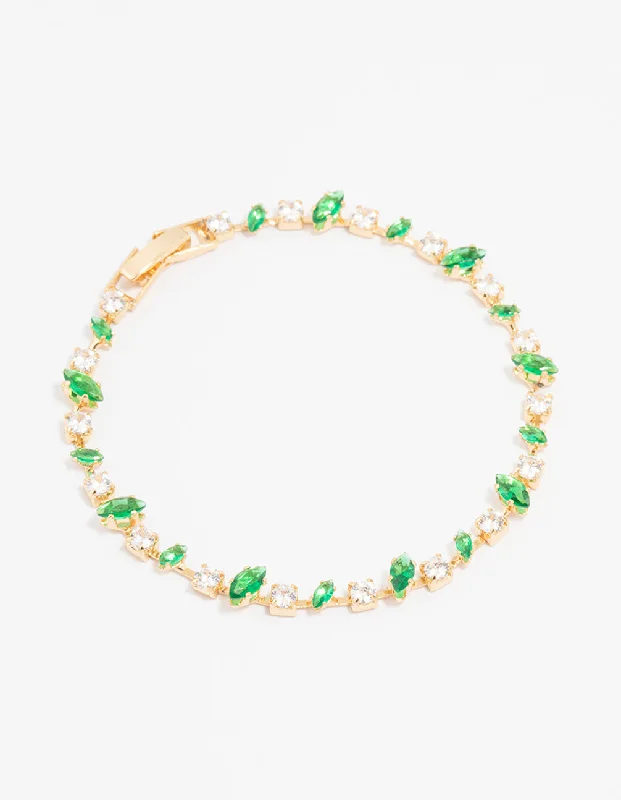 Luxury Gemstone Bangles for Women-Gold Plated Marquise & Round Emerald Tennis Bracelet Luxury Gemstone Bangles for Women-Gold Plated Marquise & Round Emerald Tennis Bracelet