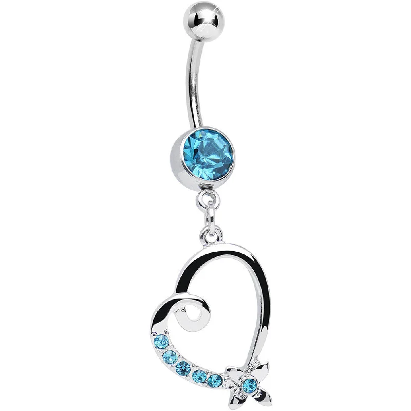 Custom Belly Rings for Personal Touch -Aqua Crystal Flower and Twisting Heart Dangle Belly Ring Custom Belly Rings for Personal Touch -Aqua Crystal Flower and Twisting Heart Dangle Belly Ring
