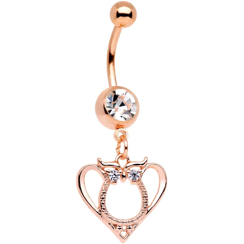 Belly Rings with Vibrant Gemstone Colors -Clear Gem Rose Gold Tone Anodized Owl Heart Dangle Belly Ring Belly Rings with Vibrant Gemstone Colors -Clear Gem Rose Gold Tone Anodized Owl Heart Dangle Belly Ring