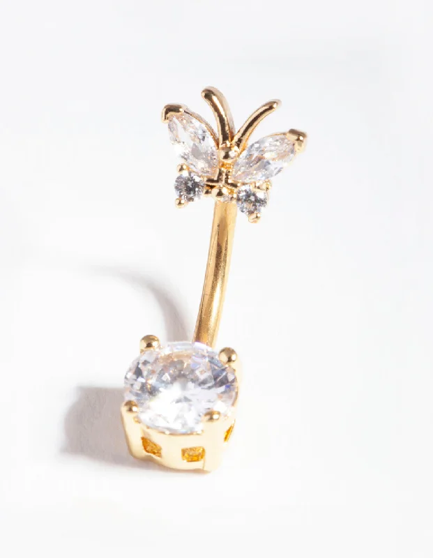 Stunning Belly Rings for Bold Statements -Gold Titanium Cubic Zirconia Butterfly Belly Bar Stunning Belly Rings for Bold Statements -Gold Titanium Cubic Zirconia Butterfly Belly Bar