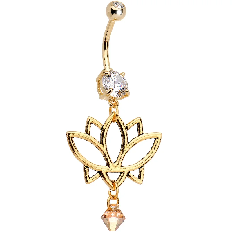 Trendy Belly Rings for Everyday Glam -Clear Gem Gold Lotus Flower Dangle Belly Ring Created with Crystals Trendy Belly Rings for Everyday Glam -Clear Gem Gold Lotus Flower Dangle Belly Ring Created with Crystals
