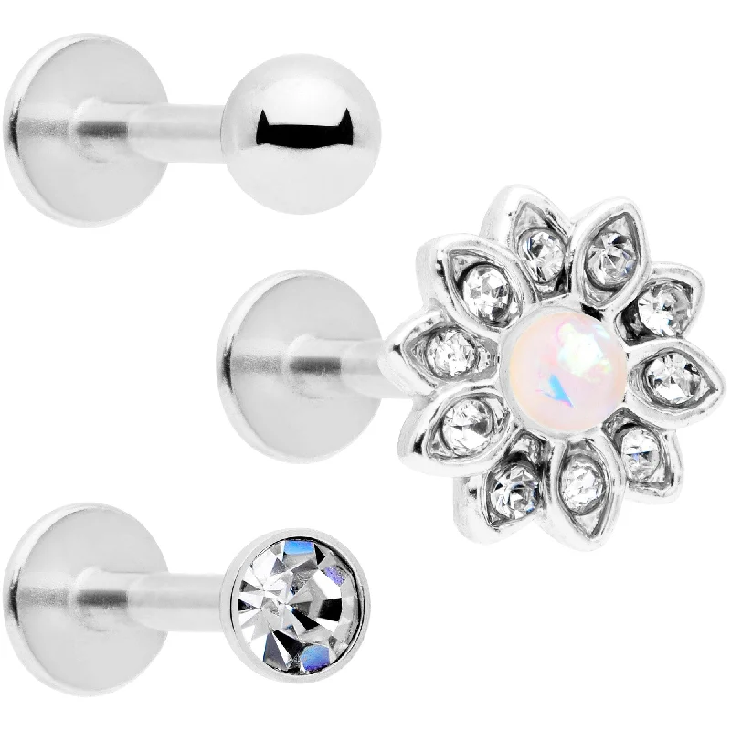 Lip Rings with Simple Design for Everyday16 Gauge 5/16 White Faux Opal Flower Labret Set of 3